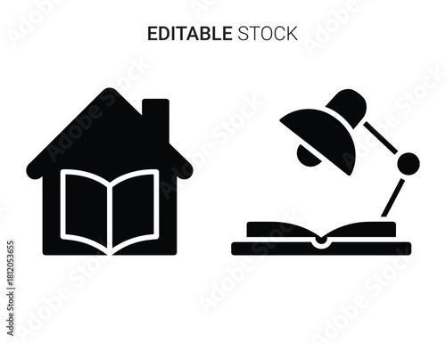 Home education and remote learning glyph icons for studying and knowledge acquisition.