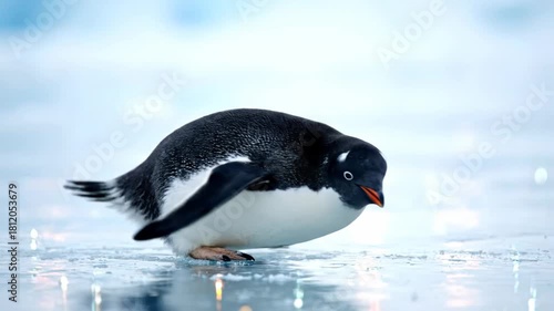 Adélie penguin sliding on ice and regaining balance, showcasing natural behavior in the Antarctic.