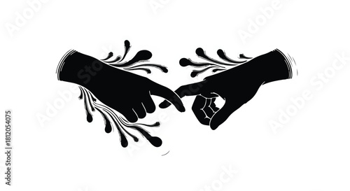 Two silhouetted hands reaching out, nearly touching, with abstract ink splatters.