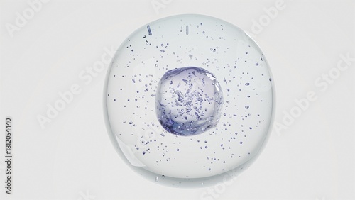 3D Transparent Cell fill with Air Bubbles and Orbiting Spheres on Clear White Background