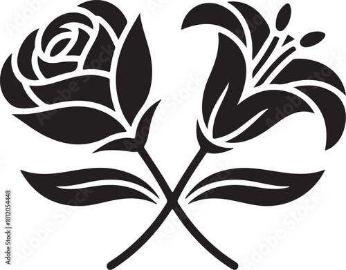 Silhouette of two crossed flowers with leaves