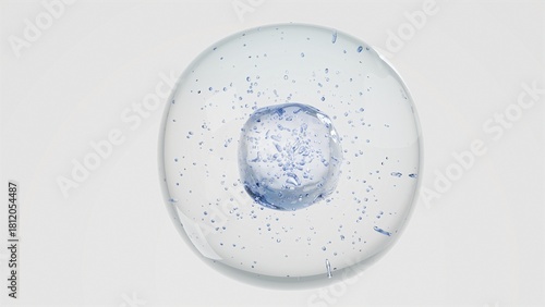 3D Transparent Cell fill with Air Bubbles and Orbiting Spheres on Clear White Background
