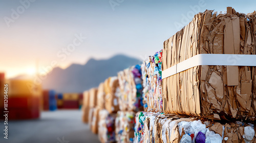 A stack of compressed cardboard bales at a recycling facility, showcasing the importance of sustainable waste management practices.