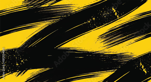 Abstract Black Paint Brush Strokes Seamless Pattern: Dynamic Yellow Background Texture