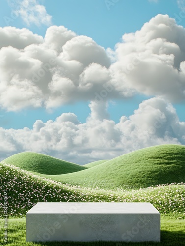Rectangular stone platform rests on lush green meadow beneath a bright sky filled with white clouds