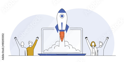 New Venture Launch: A stylized image shows a rocket soaring skyward from a laptop screen, symbolizing the launch of a new business venture, innovation and technological advancements.