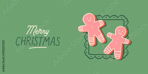 Merry Christmas hand drawn gingerbread man greeting card illustration. Vintage style ginger bread cookie with xmas typography quote. Party celebration design, december season event banner.