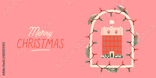 Merry Christmas hand drawn winter home greeting card illustration. Vintage style cozy house with xmas lights decoration and snowy pine tree leaves. Party celebration design, december season event.