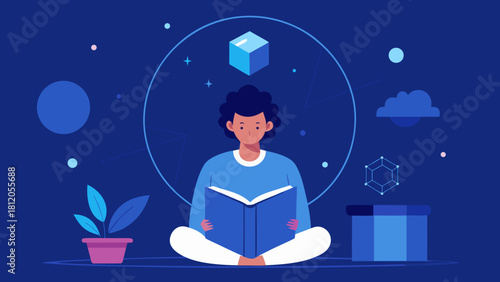 Young man sitting cross-legged reading a book with abstract shapes and symbols around him on a dark blue background