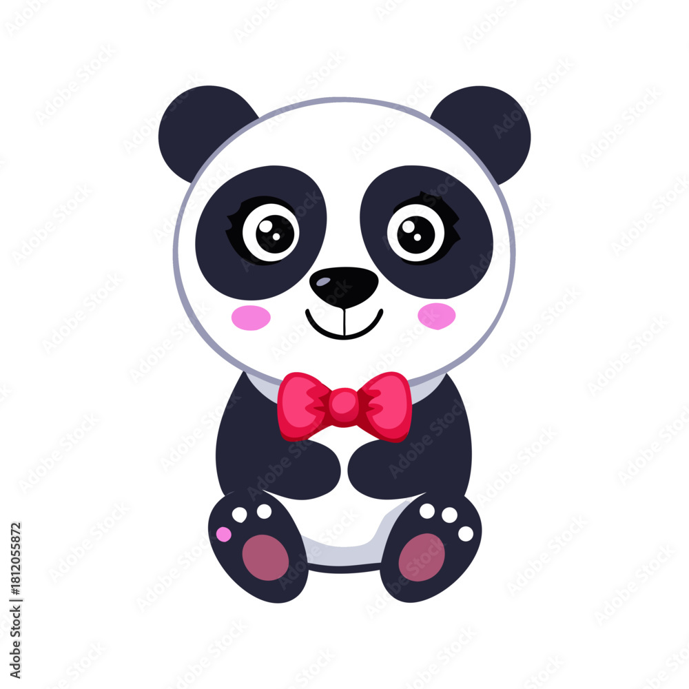 Fototapeta premium Cartoon panda with red bow tie on white background