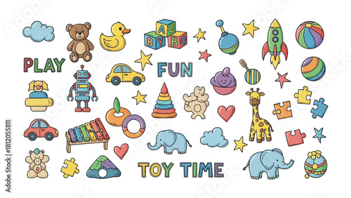 Joyful Toy Collection: A vibrant assortment of playthings, each radiating its unique charm, inviting children to a world of fun, games, and boundless imagination. 