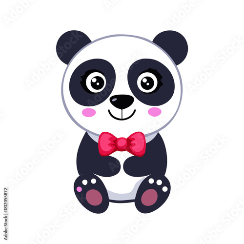 Cartoon panda with red bow tie on white background