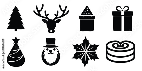 Christmas holiday icon set black and white vector design