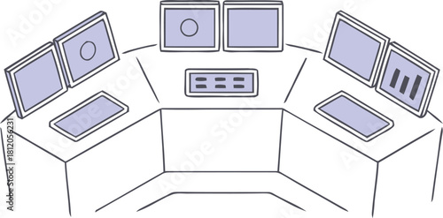Technological Hub: A comprehensive control station, showcasing a sleek arrangement of multiple computer screens and input devices, designed for efficient monitoring and data management.