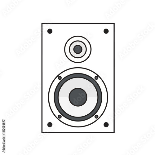 Loudspeaker illustration with speaker components and mounting holes on white background.