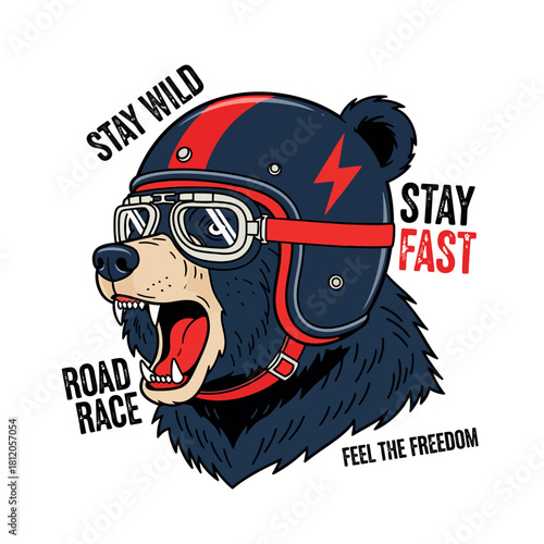 bear illustration with motorcycle helmet. Vector graphics for t-shirt prints and other uses.