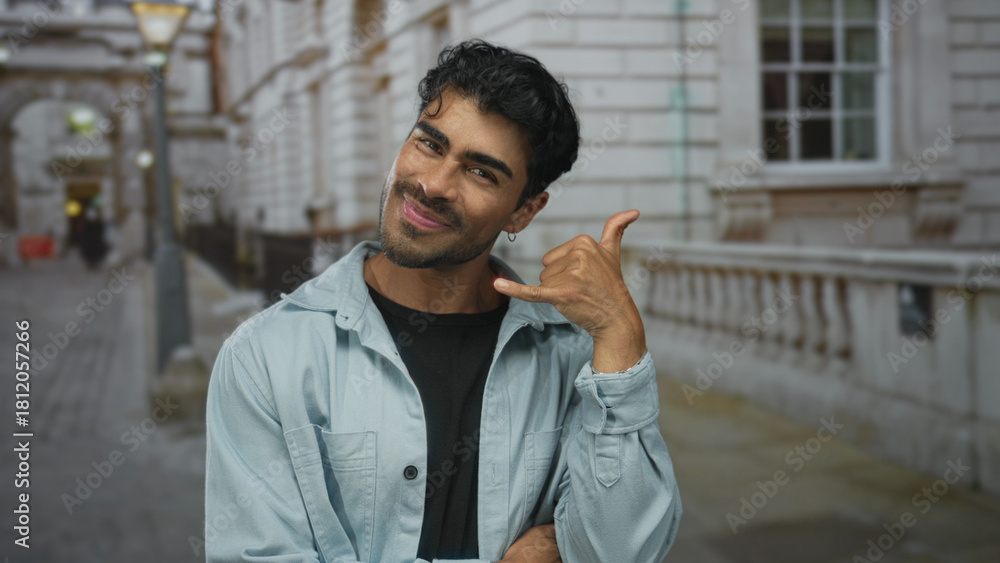 Obraz premium Young hispanic man makes playful call me gesture with hand in a busy city street setting; friendly invitation.