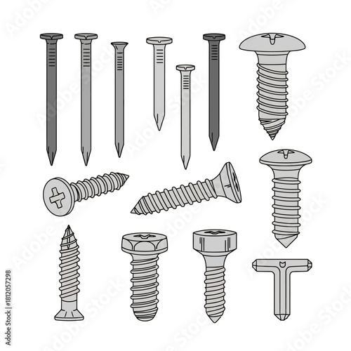 Vector Illustration Set of Different Screws and Nails.