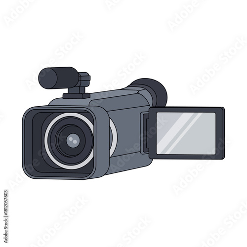Professional digital video camera with open view screen.