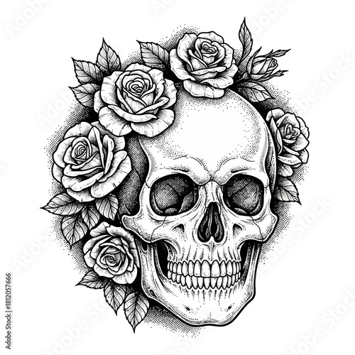 Detailed Hand-Drawn Skull with Roses - Vintage Engraving Style Illustration