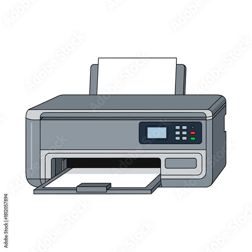 Illustration of a Gray Printer with Paper Ready to Print.