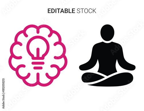 Abstract icons depicting a creative brain lightbulb and a calm meditating person concept.