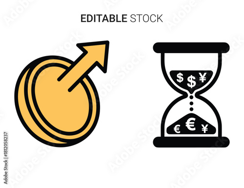 Financial growth and investment concept with upward arrow and currency symbols in hourglass.