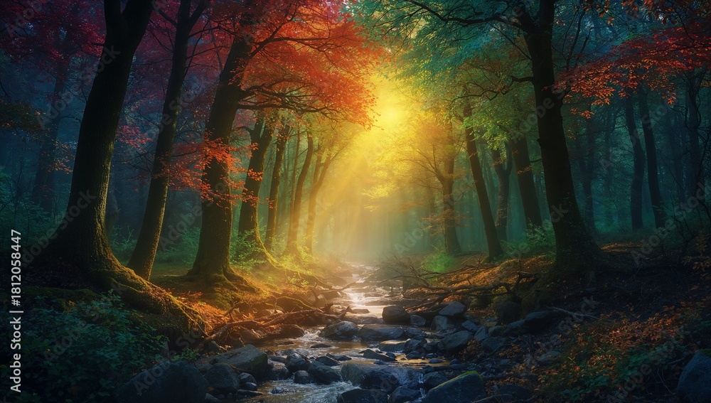 Fototapeta premium Forêt lumineuse aux couleurs automnales, où chaque arbre baigne dans la nature. Le soleil filtre entre les bois, créant un paysage magique rempli de lumière.