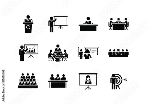 Set of business presentation icons isolated on pictogram of conference, seminar, training, meeting, and lecture vector illustration silhouettes avatar vector pack