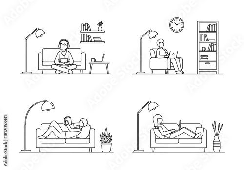 Collection of four sketches showing people relaxing at home in different positions isolated on they are reading, working, or resting silhouettes avatar vector pack