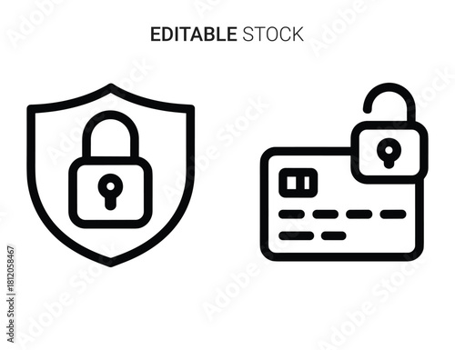 Security shield and credit card with padlock icons illustrating data protection and access.