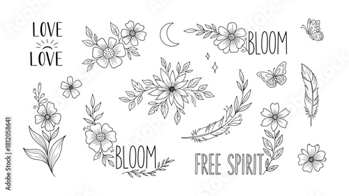 Bohemian Floral: Delicate line art featuring blooming flowers, crescent moon, and butterflies evokes feelings of love and free spirit, creating a whimsical and enchanting composition.