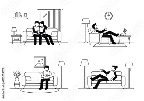 Collection of four sketches showing people relaxing at home in different positions isolated on they are resting, watching tv, or reading silhouettes avatar vector pack