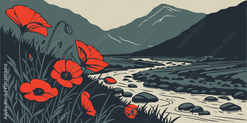 Fototapeta premium Poppy Landscape: A captivating illustration featuring vibrant red poppies, nestled in lush greenery, framing a serene river winding through a majestic mountain landscape.