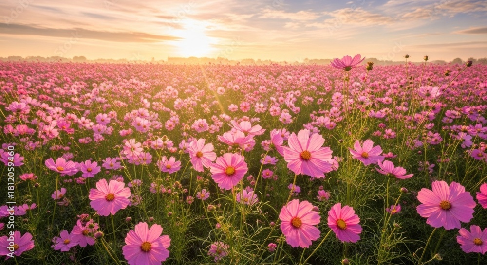 Obraz premium A vibrant field of pink cosmos flowers with a golden sun setting in the background.