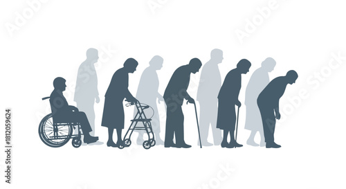 Silhouette of a person in different stages of life, from being in a wheelchair to using a walker and cane, isolated on silhouettes avatar vector pack