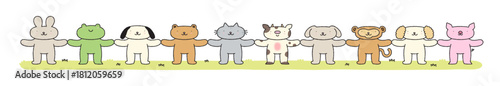 Cute animal cartoon character group holding hands illustration. Funny hand drawn diverse animals team, children mascot drawing. Includes dog, cat, bear and bunny. Teamwork concept graphic for kids.