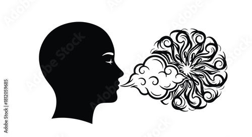 Silhouette of a person exhaling a swirling cloud of creative energy and ideas