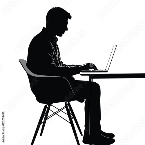 Silhouette of a man sitting at a desk and working on a laptop, isolated on the man is focused and concentrated silhouettes avatar vector pack