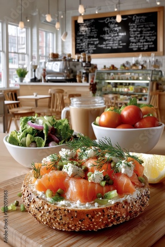 Finished open-faced bagel with lox served in a cozy cafe with a salad and coffee