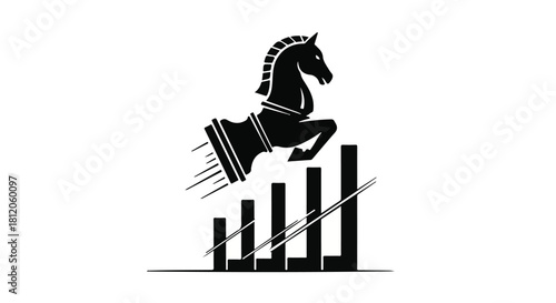 Chess knight piece leaps over rising graph bars, symbolizing strategic business growth and success.