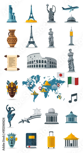 Diverse Collection of Iconic Landmarks, Cultural Artifacts, and Symbols.