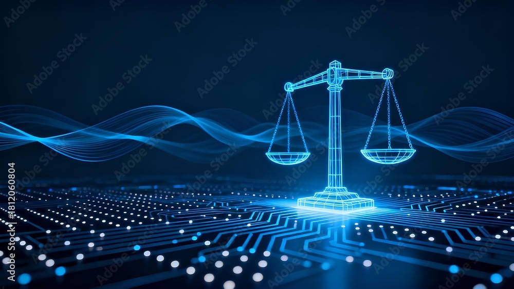 Naklejka premium Digital balancing scale justice, fairness in modern technology environment. Holographic scales balance on illuminated datum background of ai circuitry. Innovation concept in abstract modern futuristic