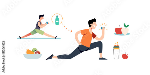 Healthy lifestyle. A man eats useful food, drinks water, trains and runs, practices yoga .vector icon
