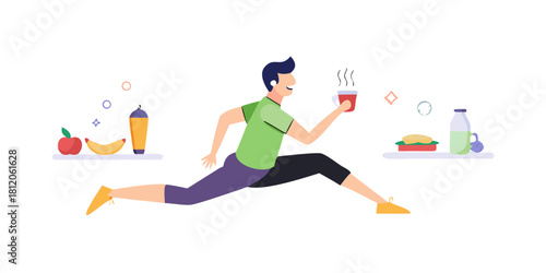Healthy lifestyle. A man eats useful food, drinks water, trains and runs, practices yoga .vector icon
