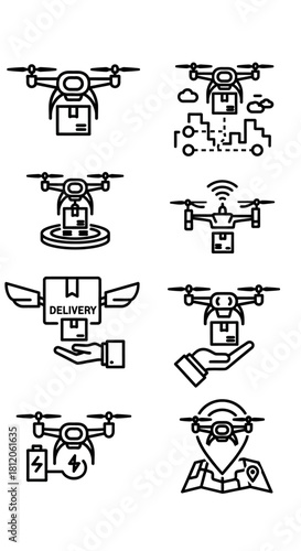 Diverse Drone Delivery Service Icons Featuring Packages and Technology.