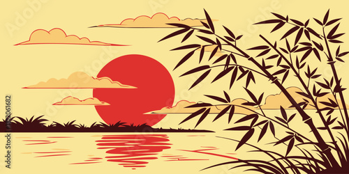 Tranquil Sunset Scene with Bamboo: A captivating artwork depicts the serenity of a sunset scene, featuring a vibrant red sun and graceful bamboo silhouette beside a body of water.