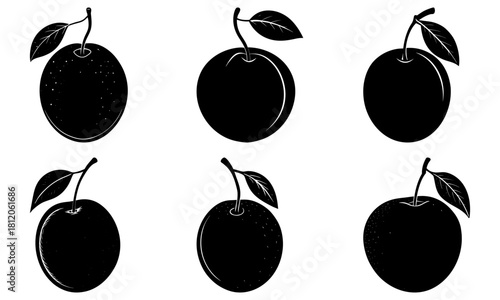 Six plums with leaves in black and white showing different textures and shading variations in the fruit
