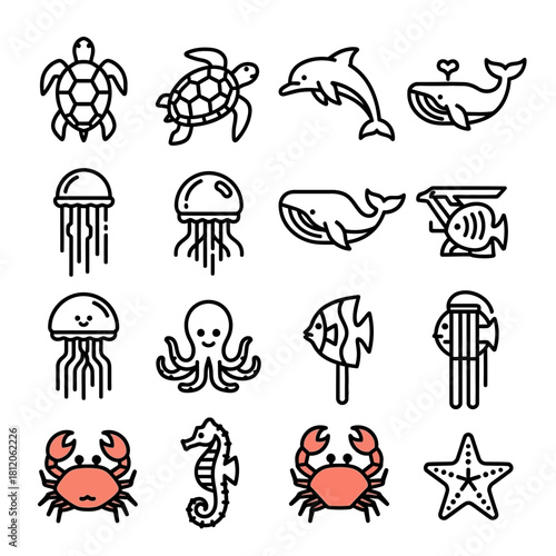 Diverse outline sea animal icons - turtles, dolphins, whales, jellyfish, octopus, fish, crabs, seahorse, starfish, some with color accents.