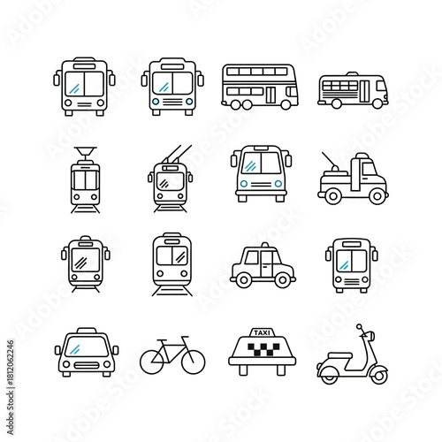 Diverse Outline Transport Vehicle Icons in a Simple Line Art Style.